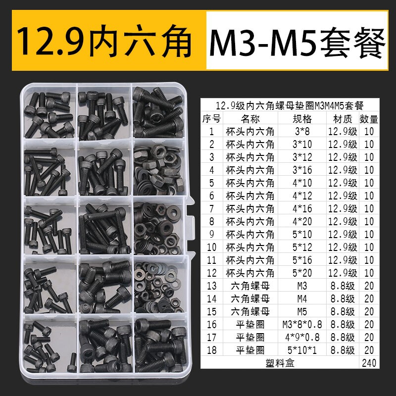 佰瑞特 DIY盒装不锈钢半圆头螺丝螺母螺帽螺栓开关平头螺钉垫片家用套装 12.9