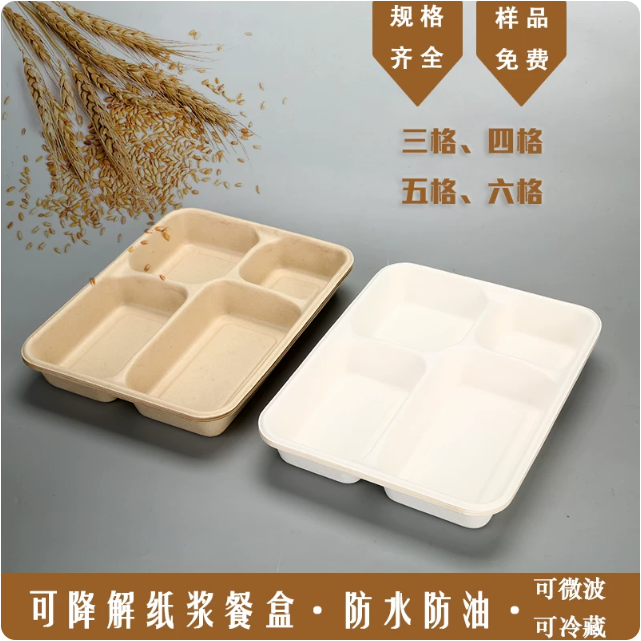 一次性环保可降解四格纸浆餐盒五格快餐甘蔗浆饭盒外卖秸秆打包盒