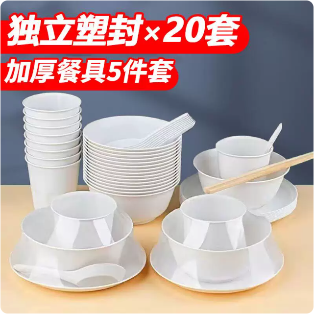 星坊一次性餐具套装碗筷子勺子杯子碟盘子可降解稻壳餐具20套